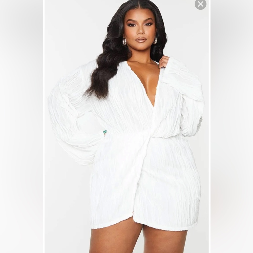 NWT PrettyLittleThing |Plus White Texture Wrap Front Dress | US14